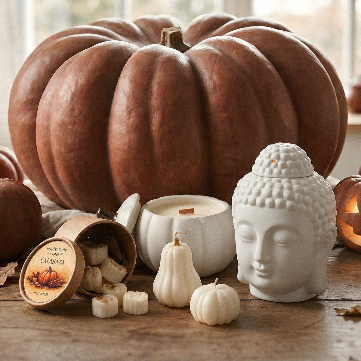 Pack especial calabazas con el quemador Buda, la vela de calabaza, los wax melts y una calabaza decorativa
