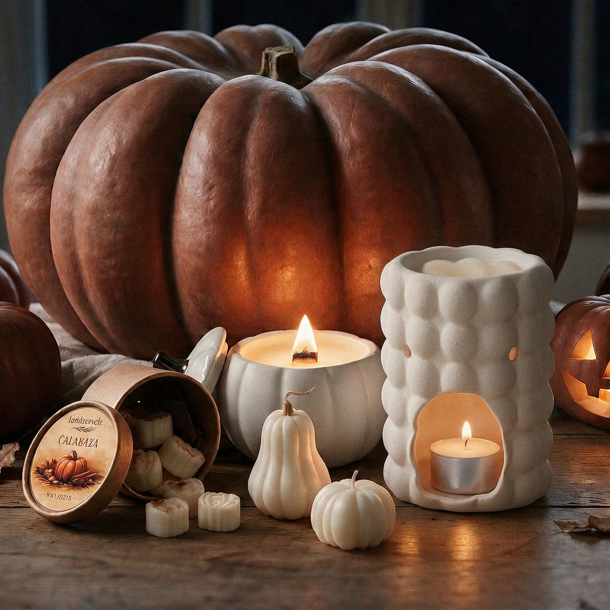 Pack especial calabazas con el quemador Burbujas, la vela de calabaza, los wax melts y una calabaza decorativa