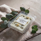 Wax melts Eucalipto & Menta en su envase, con rama de eucalipto y hojas de menta